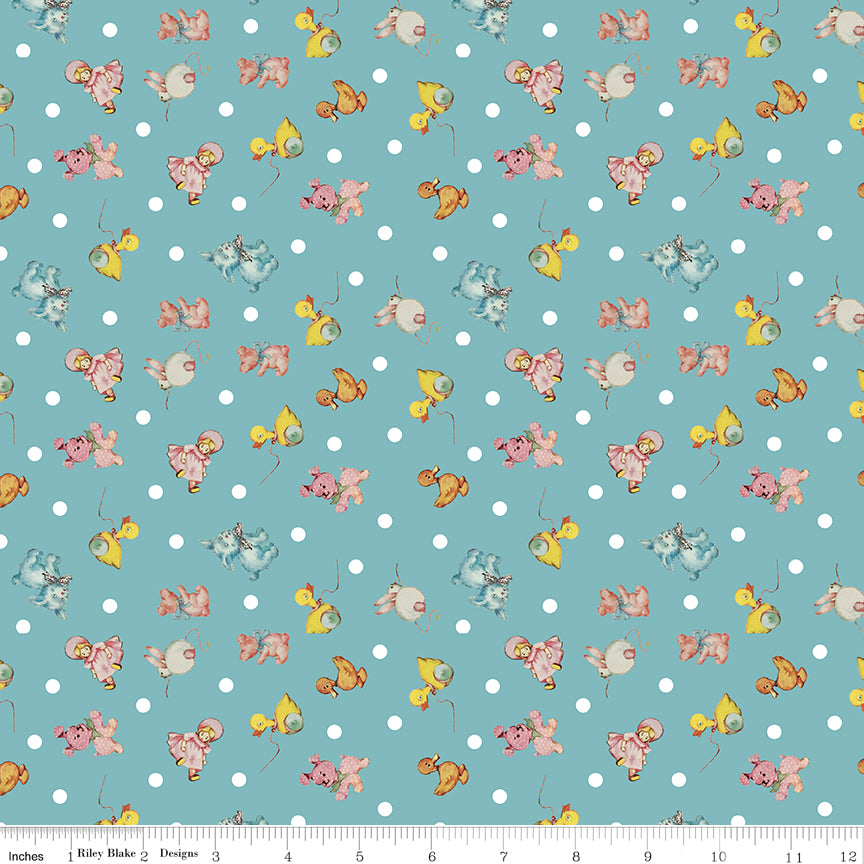 Dear Sweethearts Toy Toss Teal, sold in 1/2 yard increments, cut continuous, C18093-TEAL