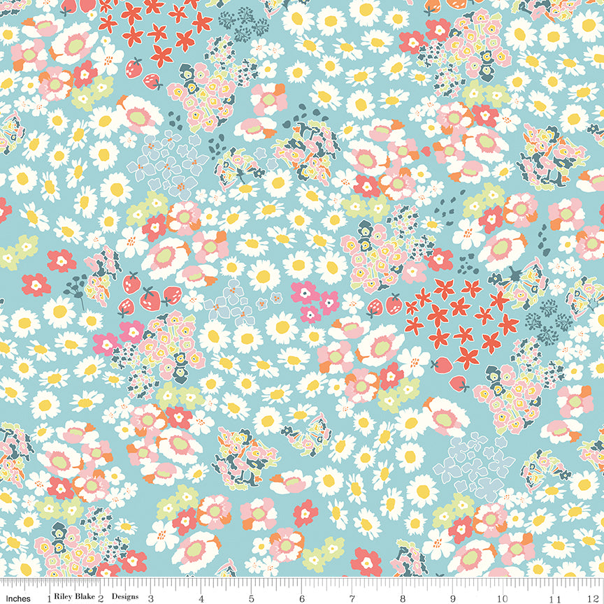 Cotton Nook Flower Bed Aqua, sold in 1/2 yard increments; cut continuous, C17971-AQUA