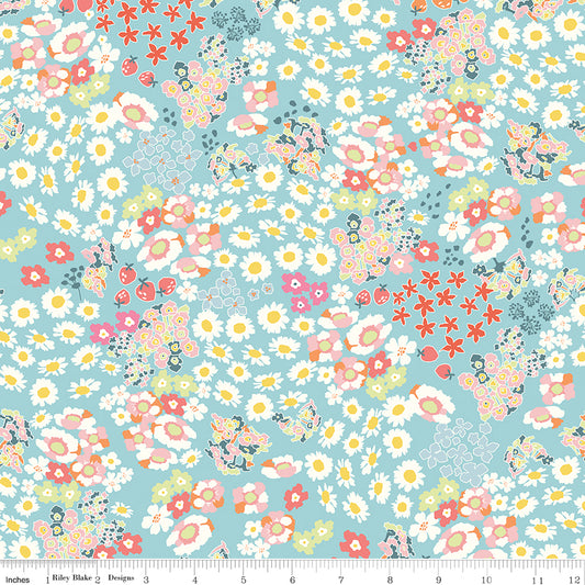 Cotton Nook Flower Bed Aqua, sold in 1/2 yard increments; cut continuous, C17971-AQUA