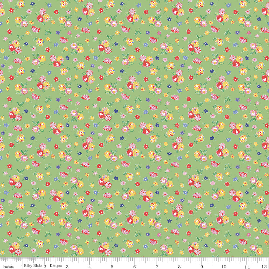 Dear Sweethearts Calico Green, sold in 1/2 yard increments, cut continuous, C18094-GREEN